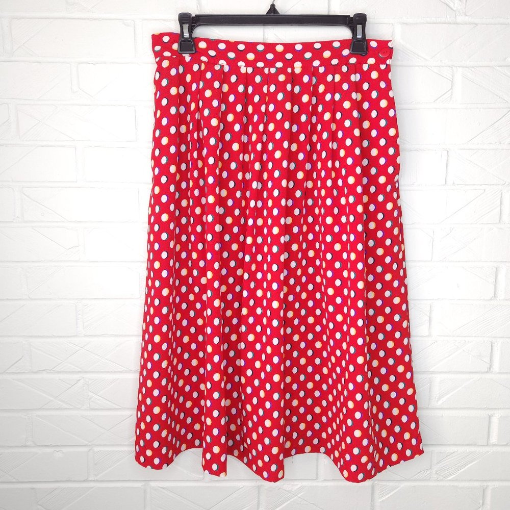 Vintage Joan Leslie Red Multicolor Polka Pleat Midi Skirt Pockets Maximalist 14